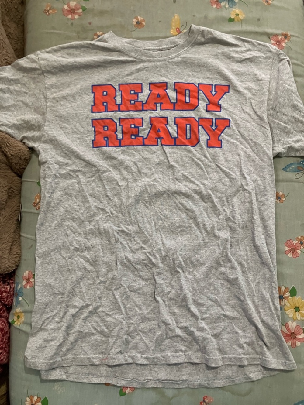 Gildan Gray Tee with Orange and Blue 'READY READY' Print
